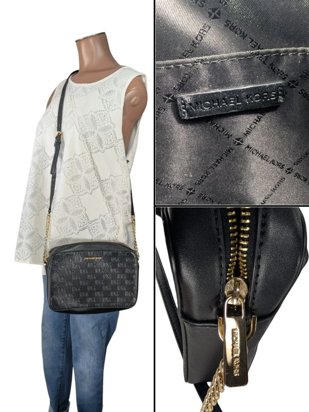 Michael Kors Black Leather Embossed Signature Gold Chain Jet Set Crossbody
